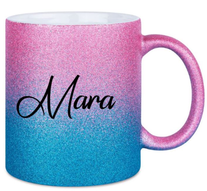 Glitzertasse rosa/blau Name